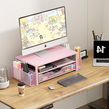 OPNICE Desk Organizer and Accessories, 2-Tier Computer Monitor Stand Riser with Drawer and 2 Pen Holders, Laptop Stand, Office Desk Accessories for Office Supplies, Black