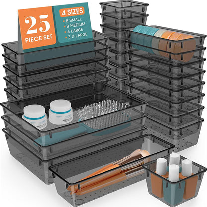 WOWBOX 25 PCS Clear Plastic Drawer Organizer Set, 4 Sizes Desk Drawer Divider Organizers and Storage Bins for Makeup, Jewelry, Gadgets for Kitchen, Bedroom, Bathroom, Office