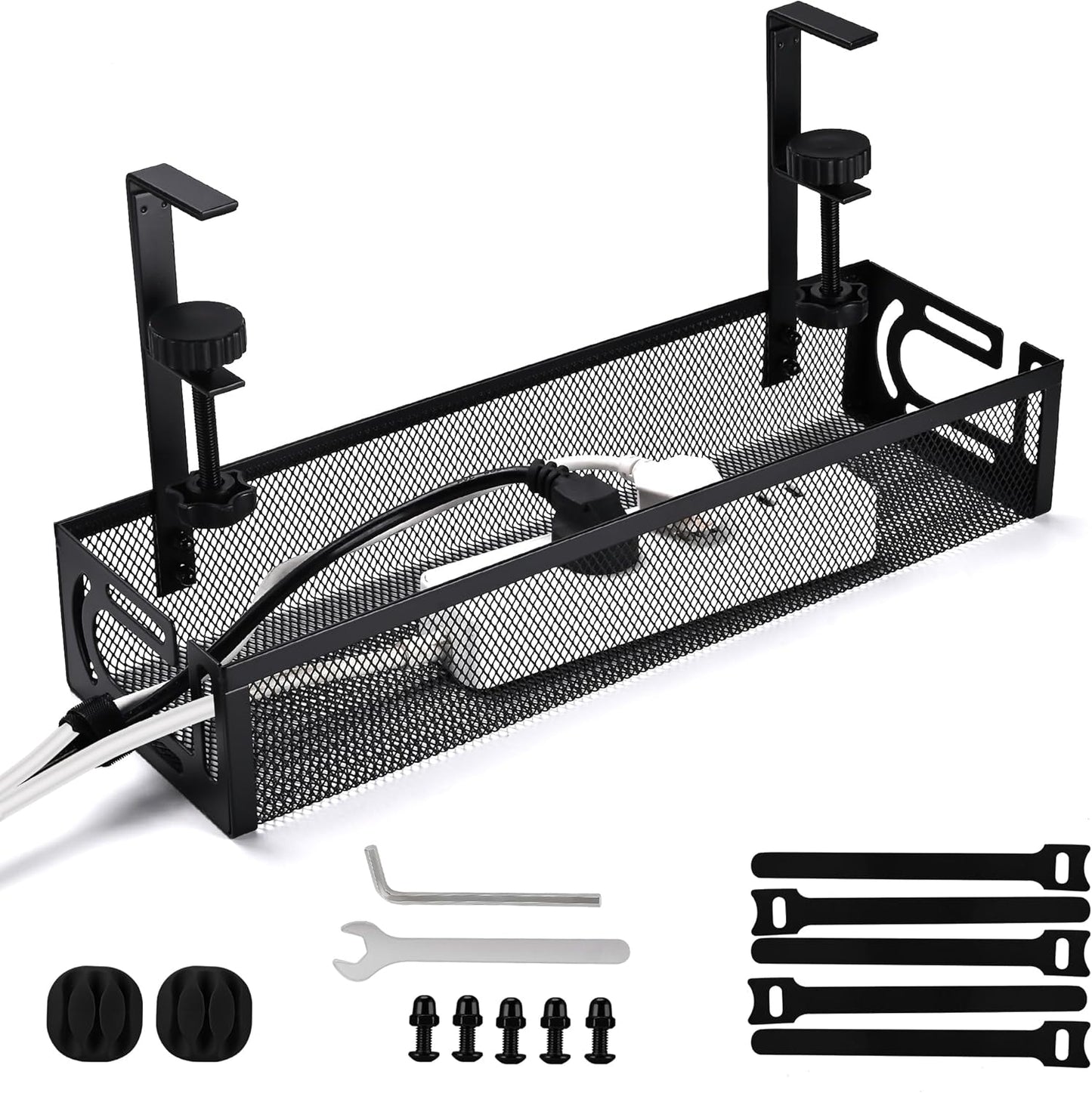 Under Desk Cable Management Box 25.3 Inch – Clamp-Mounted Cable Organizer Tray, Large Cord Management Box for Office & Home, Wire Organizer Under Desk Storage, White