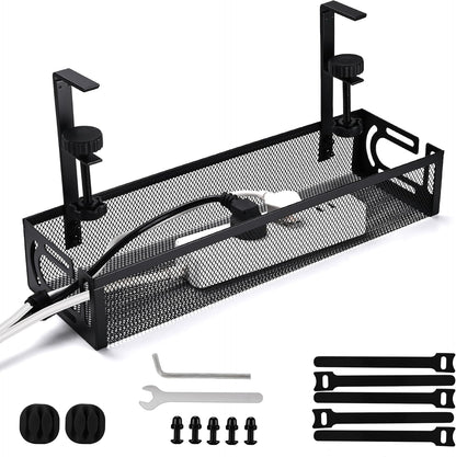 Under Desk Cable Management Box 25.3 Inch – Clamp-Mounted Cable Organizer Tray, Large Cord Management Box for Office & Home, Wire Organizer Under Desk Storage, White