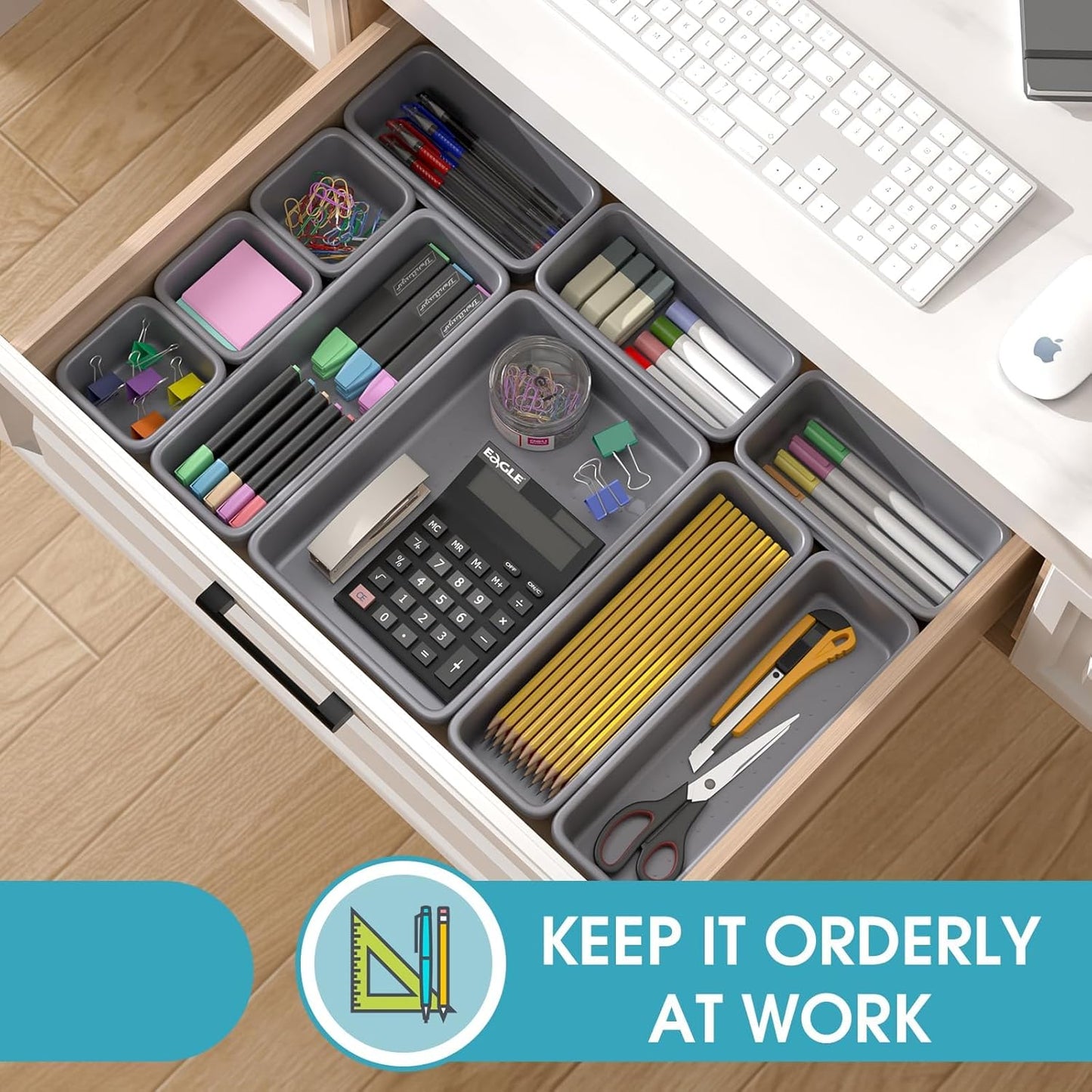 StoreHappily 10 PCS Drawer Organizer Set, 4 Size Makeup Drawer Divider Organizer With Non-Slip Pads, Interlocking Plastic Storage Bins for Office,Jewelry Vanity,Gadgets, Bathroom,Kitchen, Black