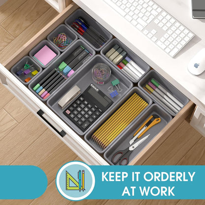 StoreHappily 10 PCS Drawer Organizer Set, 4 Size Makeup Drawer Divider Organizer With Non-Slip Pads, Interlocking Plastic Storage Bins for Office,Jewelry Vanity,Gadgets, Bathroom,Kitchen, Black