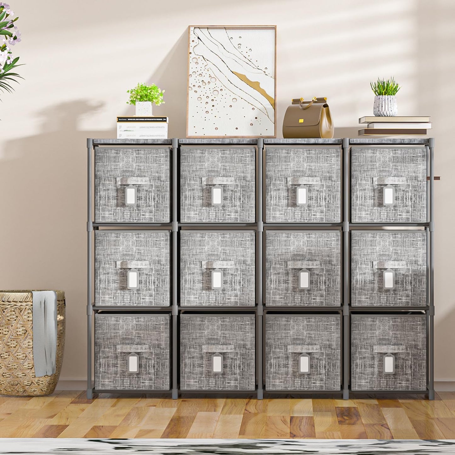 LUKYTOWER Cube Storage Organizer Shelf with Printed Bins + Labels, Cubby Storage Organizer with Bins, Large Capacity Shelves for Storage,Closet, Living Room, Dorm, Yarn (Grey, 6 Cube)