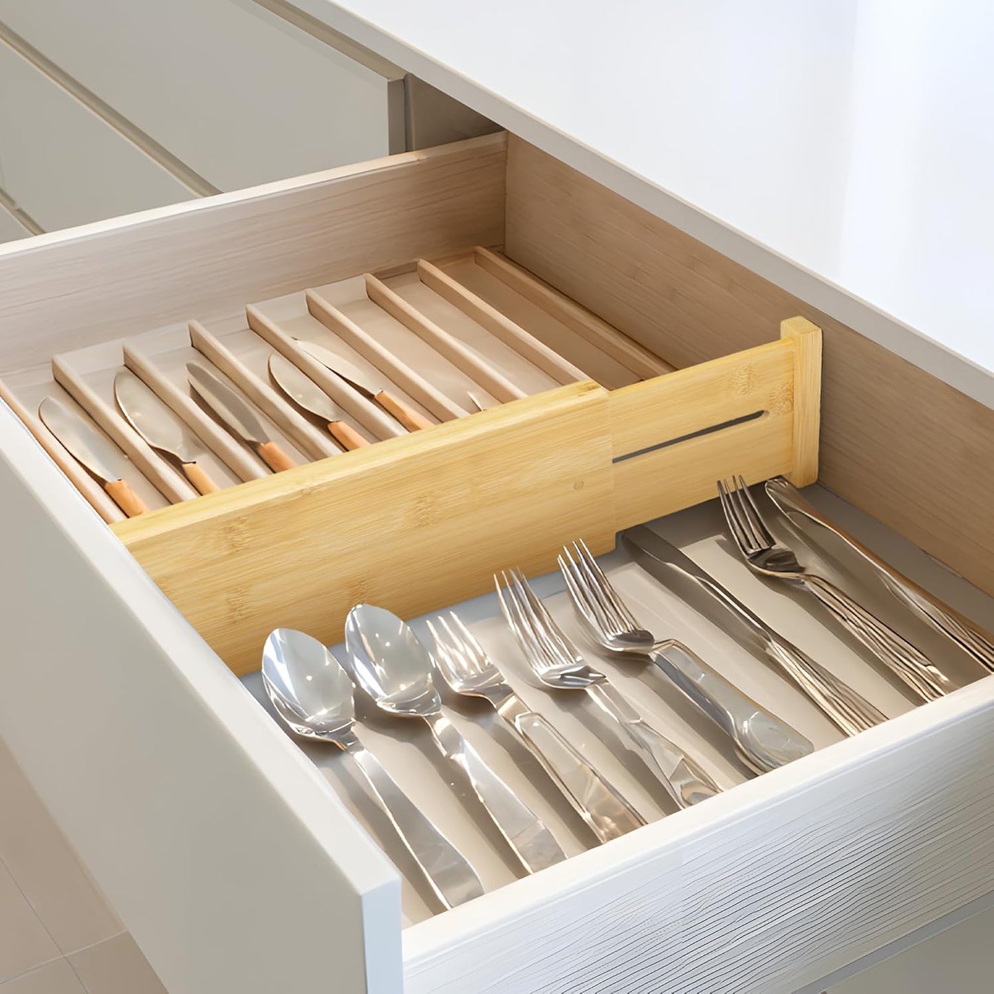 VaeFae Adjustable Bamboo Drawer Dividers, Expandable Drawer Organizer for Kitchen, Bedroom, Bathroom, Dresser and Office, 6-Pack