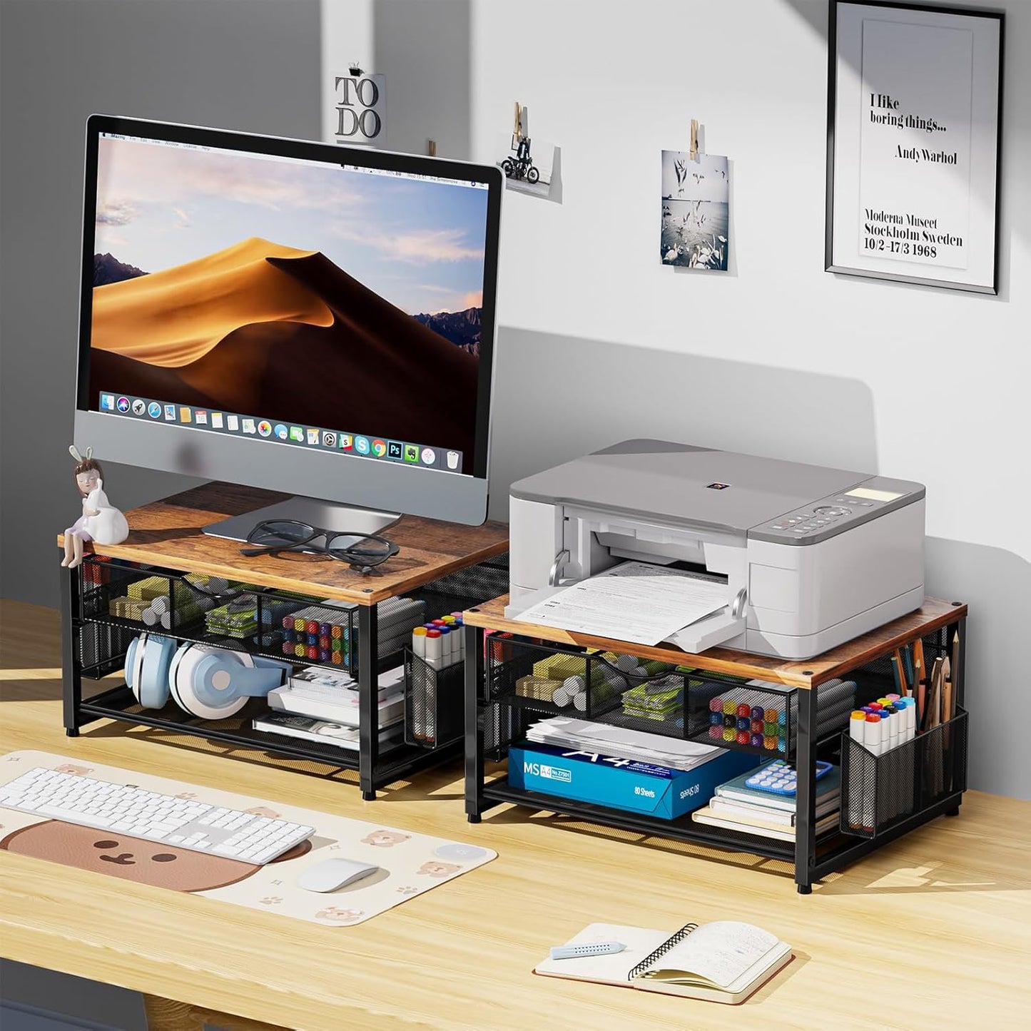 Marbrasse Metal Printer Stand for Desk with Storage Drawer and 2 Pen Holders, 2-Tier Desktop Organizer Printer Table for Home Office, Multi-Purpose Desk Organizer for Fax Machine Scanner Files(Black)