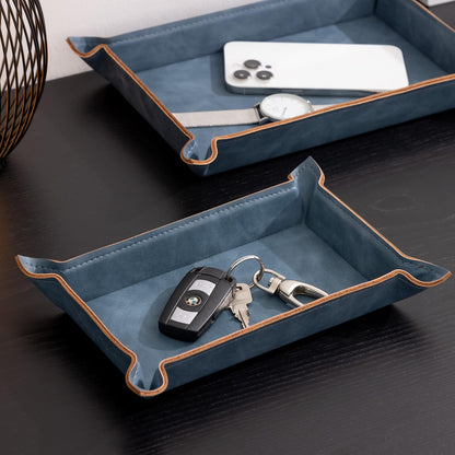 Navaris Faux Leather Tray Set - 2 Valet Organizer Trays for Bedside Table Desk with Dividers- Store Keys, Change, Wallet, Phone, Glasses - Gray