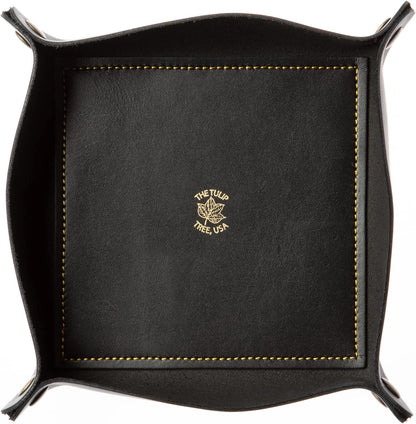 USA Handmade Premium Leather Valet Tray, Folds Flat! Dice Rolling Basket and Organizer with Brass Snaps - Reinforced Base - for Keys, Jewelry, Coin, EDC, Watch Storage Caddy - Black XLarge