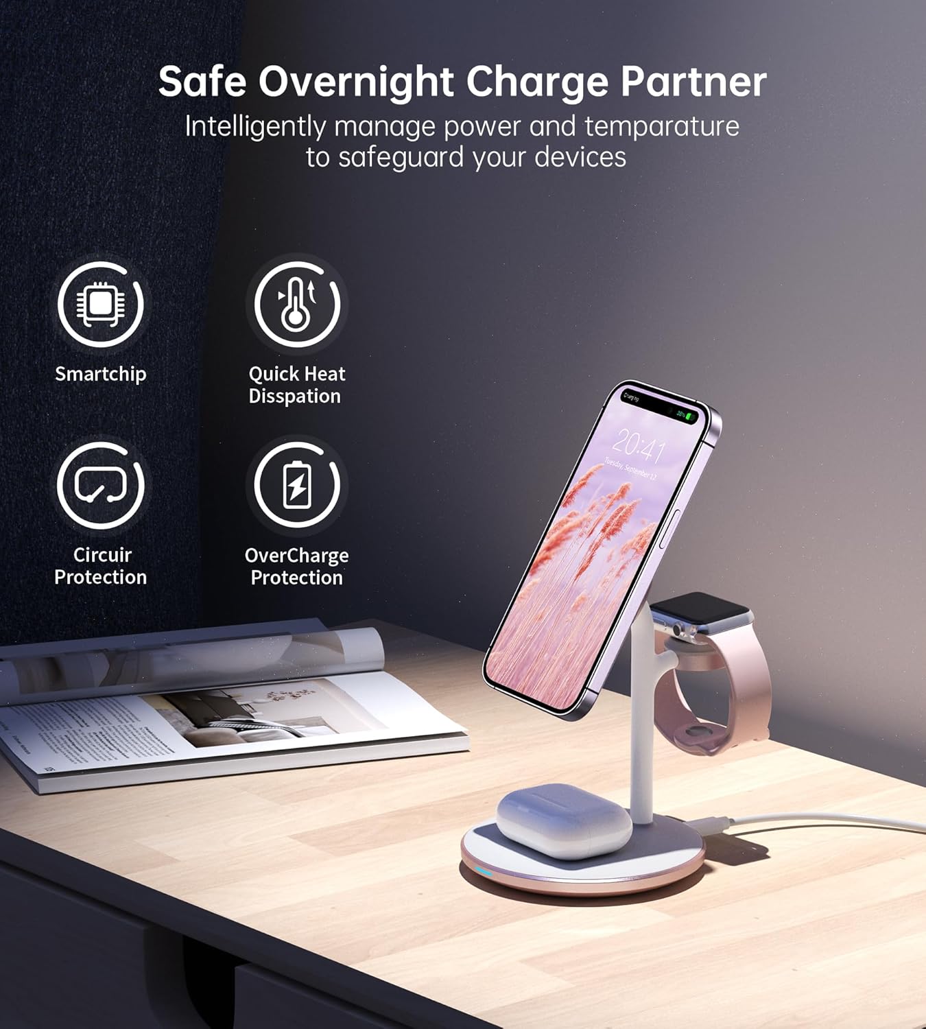 XooFly 3 in 1 Wireless Charging Station for Apple Devices, Fast Wireless Mag-Safe Charger Stand with 20W Adapter for iPhone 17 16 15 14 13 12 Pro Max/Air/Plus/Pro,iWatch,AirPods-Gift for Wife&Husband