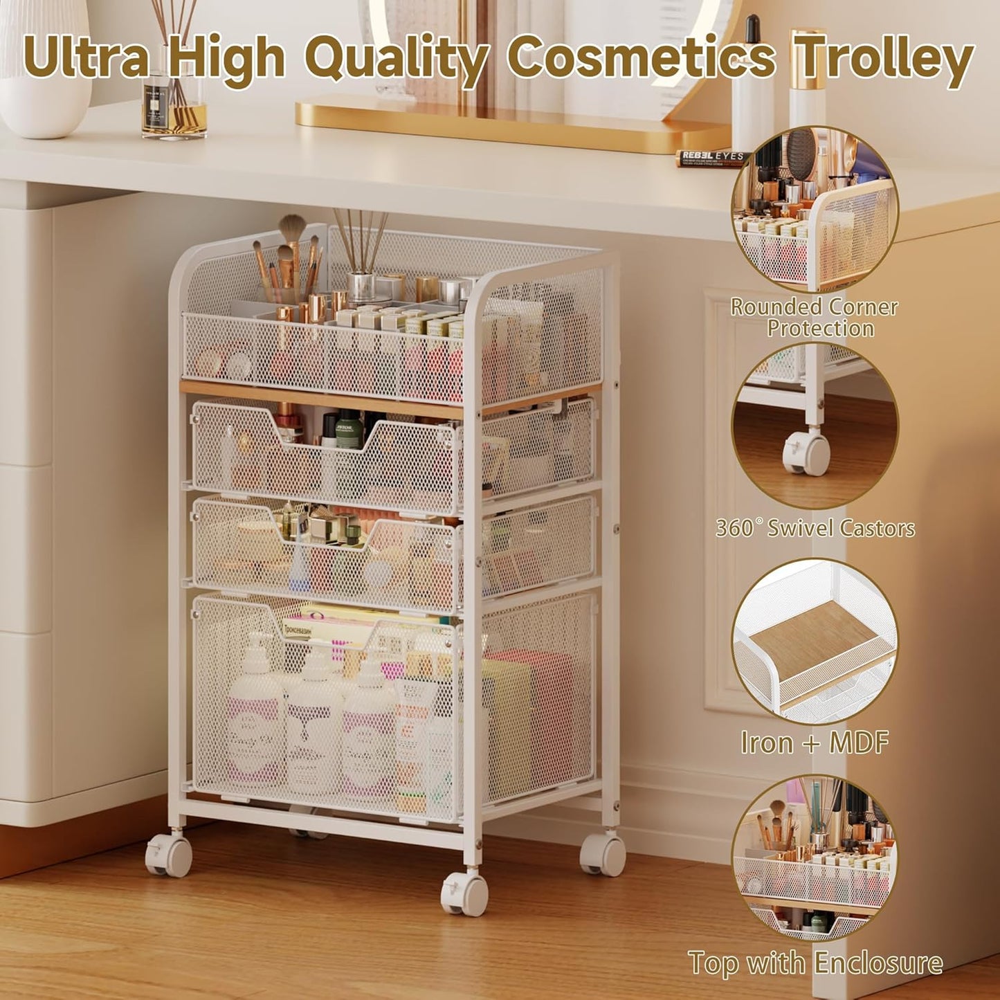 Rolling Makeup Cart Organizer with 3 Drawers, 4-Tier Narrow Floor Skincare Organizers with dividers, Vanity Organizer Cosmetics Display Cases for Makeup Brush, Hair Tool, White