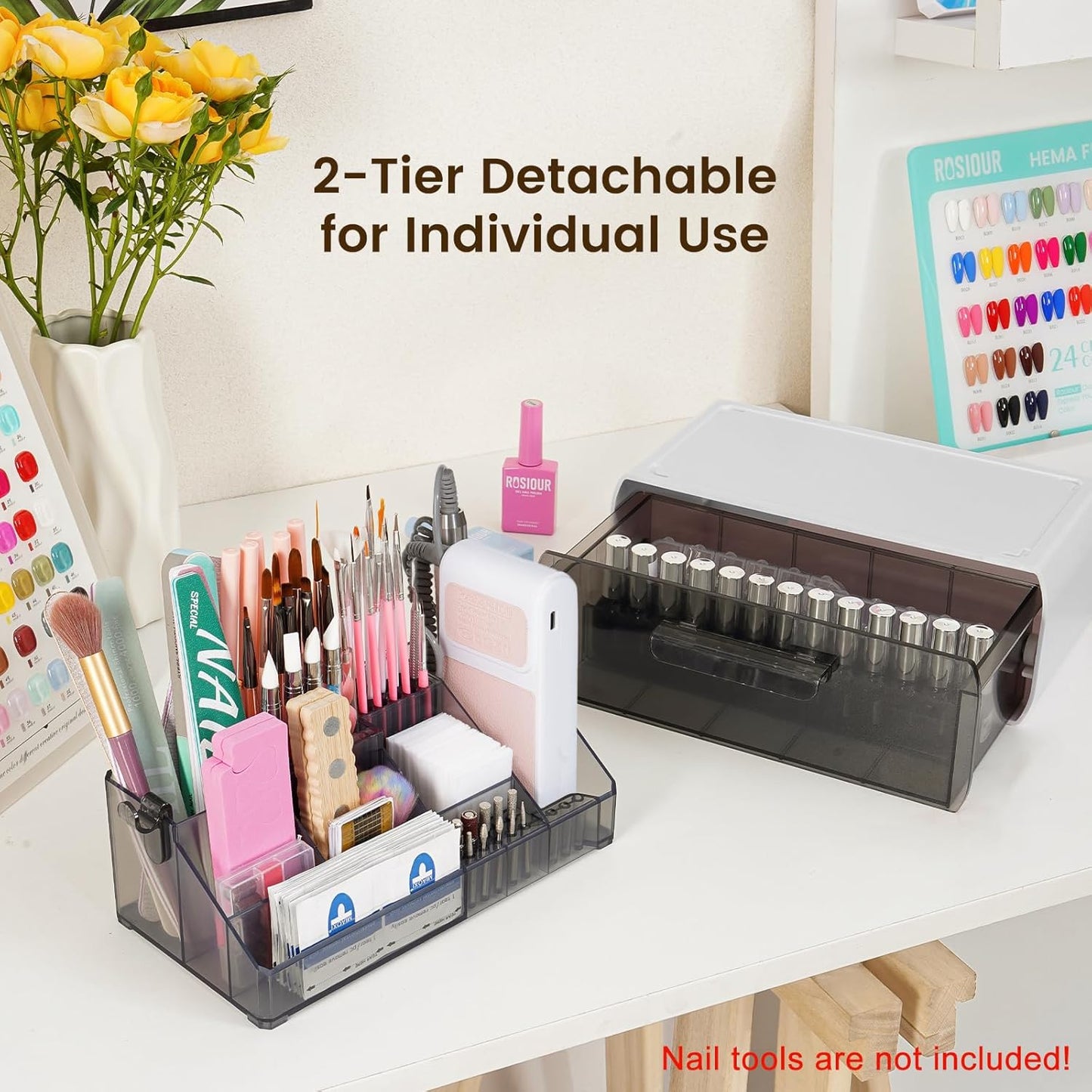 Wilfniee Nail Tech Desk Organizer Case: 2 Layers Nail Tech Organizers with Nail Polish Storage Drawer- 53 Holes Nail Drill Bits & Nail Brushes Pens Holder for Manicure Nail Supplies (Clear)