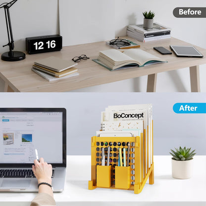 File Organizer for Desk with Storage Box & Hook, Inclined Desk File Organizer with 5-Section Vertical File Holder Suitable for Home Office Document Organization (Black)