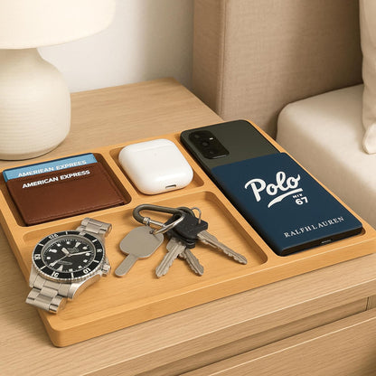 YELLOW LOTUS Bamboo Wood Valet Tray for Men - Wooden Mens Valet Tray Organizer for Nightstand Dresser, Entryway Catch All Desk Storage For Key Wallet Phone Jewelry Watch, Father's Day Gift, Brown