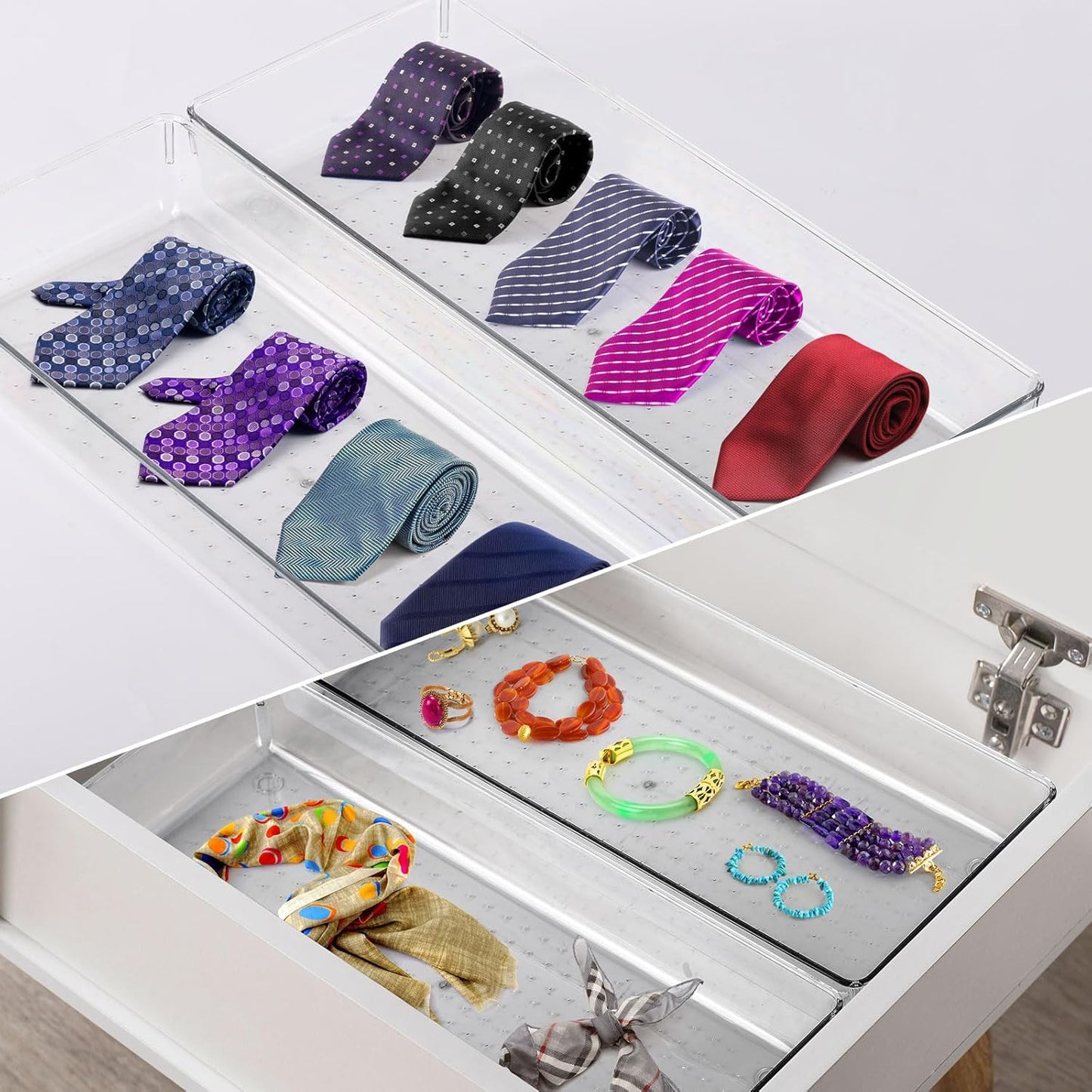 Ohlove 6 Pcs Large Clear Plastic Drawer Organizers Tray 15" x 6.3" Storage Bins with 25 Pcs Non-Slip Pads for Makeup, Jewelries, Kitchen Utensils, Bathroom and Office