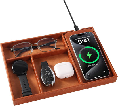 Valet Tray, Built in Wireless Charging Pad, Nightstand Organizer, Dresser Organizer, Mens Jewelry Box, Valet Charging Station, Faux Leather Valet Tray for Men and Women, (Black)