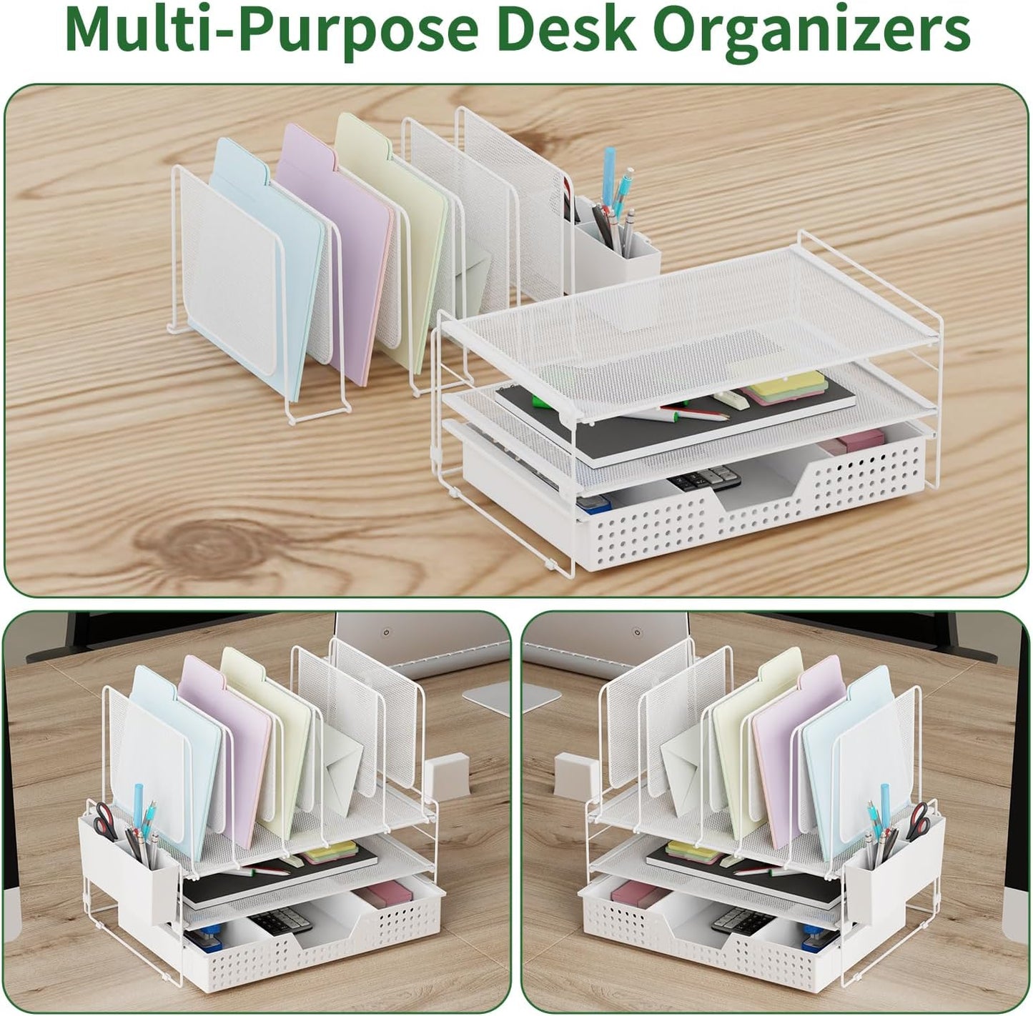 LEKETREE Desk Organizer, Office Organization with Vertical File Holder, File Organizer with Drawer and Pen Holder, Desk Accessories and Workspace Organizers for Home Office (Black)