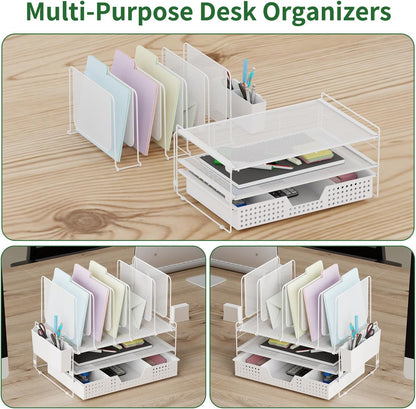 LEKETREE Desk Organizer, Office Organization with Vertical File Holder, File Organizer with Drawer and Pen Holder, Desk Accessories and Workspace Organizers for Home Office (Black)