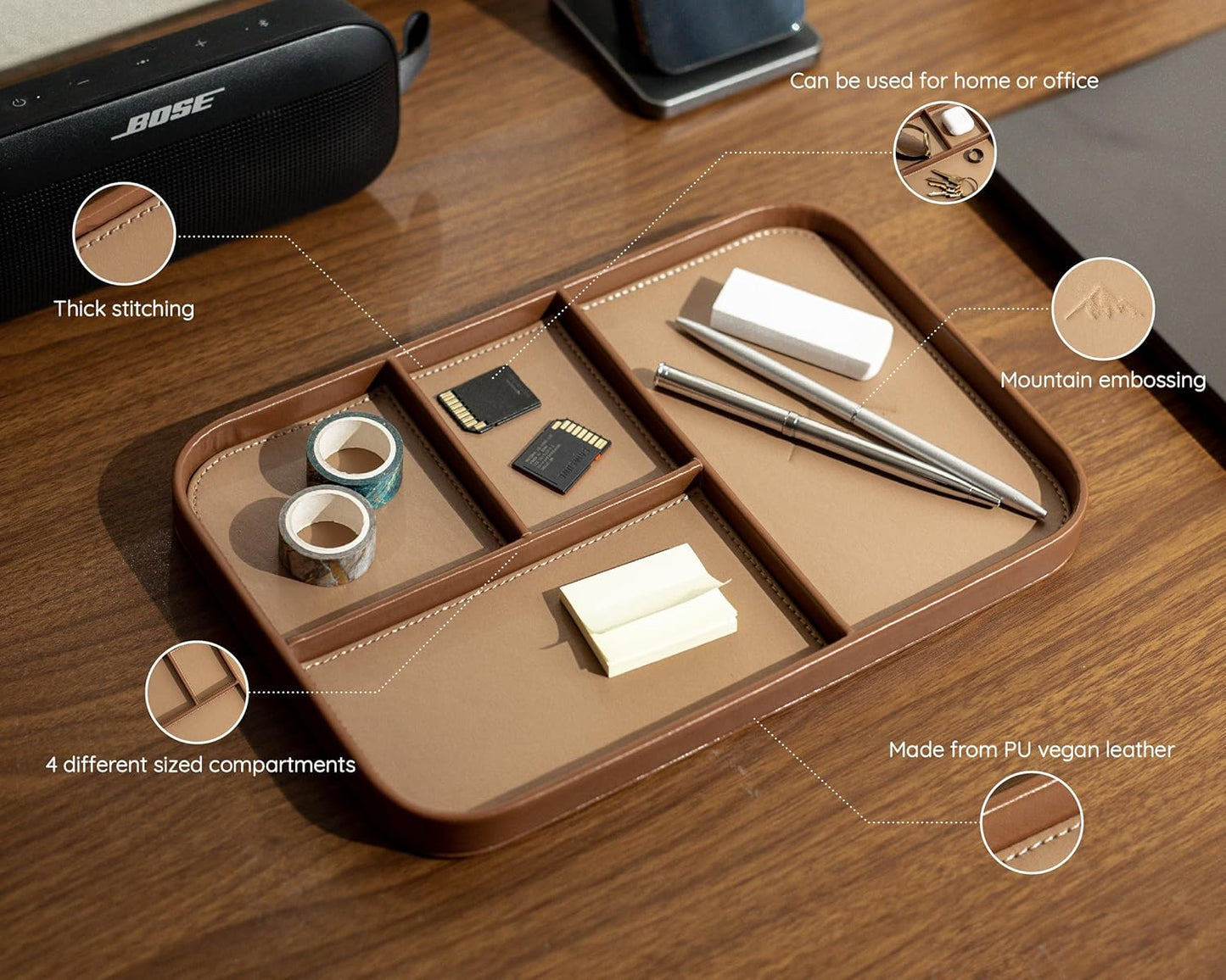 MUUJEE Leather Catchall Multitray (Design 3) - 11.65 x 7.75 x 0.8, Nightstand Entryway Bedside Dump Tray Valet Organizer for Keys Phone Wallet Watch Glasses Pens, Office Desk Accessory for Men, Green