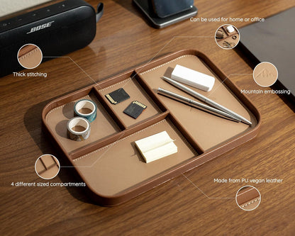 MUUJEE Leather Catchall Multitray (Design 3) - 11.65 x 7.75 x 0.8, Nightstand Entryway Bedside Dump Tray Valet Organizer for Keys Phone Wallet Watch Glasses Pens, Office Desk Accessory for Men, Green