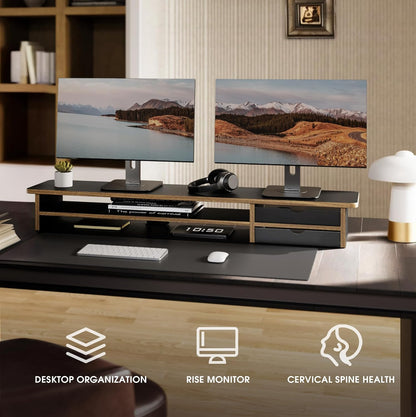 Fenge Monitor Stand, Dual Monitor Riser, 42.5inch Large Desk Computer Monitor Stand Riser with Drawer, 2 Tier Wood & Acrylic Desktop Organizer for Computer, Laptop, Printer, TV Screen Riser