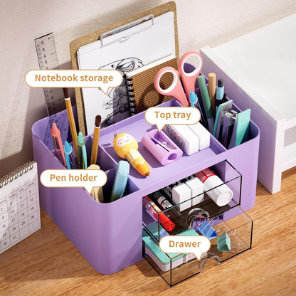 Marbrasse Pen Organizer with 2 Drawer, Multi-Functional Pencil Holder for Desk, Desk Organizers and Accessories with 5 Compartments + Drawer for Office Art Supplies (White)