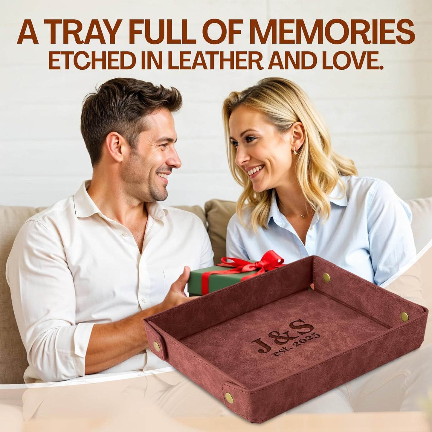 Engraved Leather Valet Tray for Men – Personalized Catchall with Custom Name for Desk, Dresser, Nightstand – Men's Organizer Tray for Keys, Wallet, Jewelry, Personalized Gift for Home, Office - Coffee