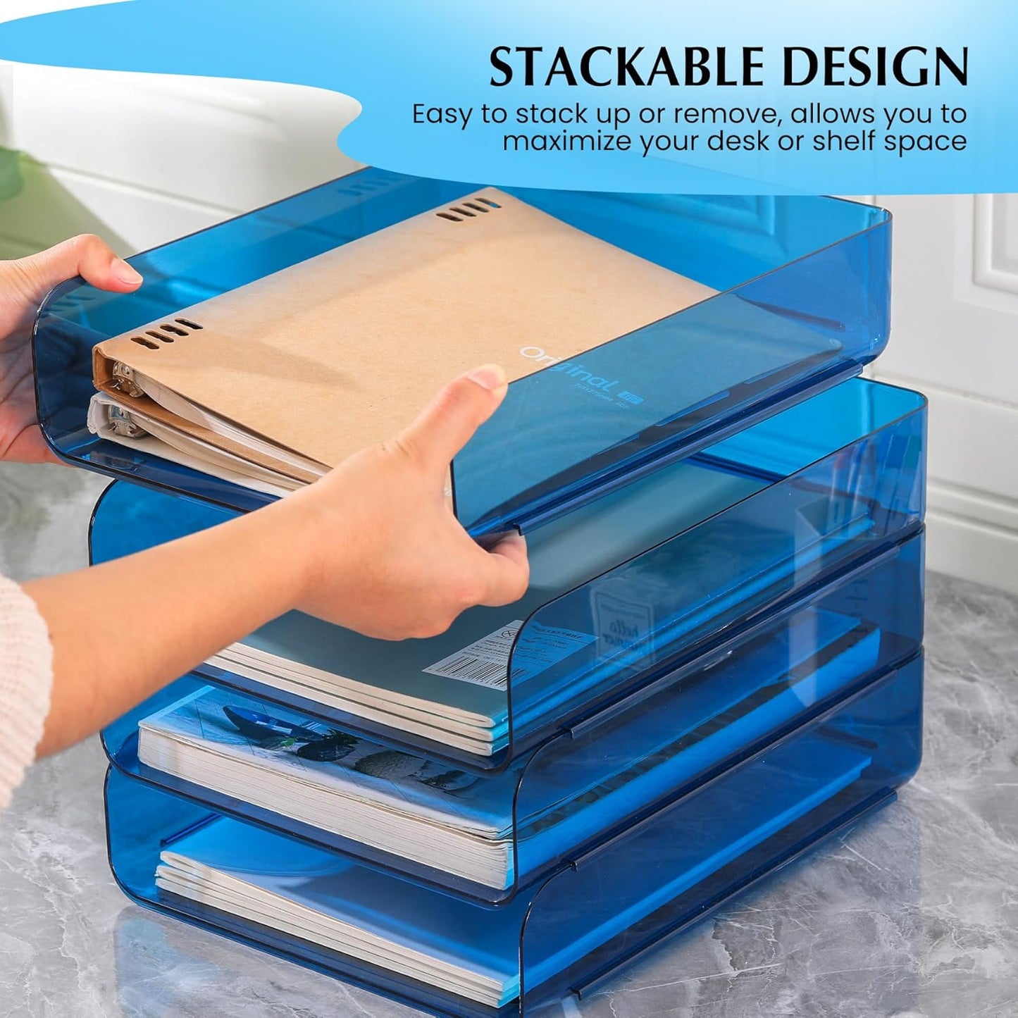 CiWiVOKi 2 Pack Stackable Paper Tray File Organizer for Desk, Office Organizer and Storage for Desk Accessories, Notes, Books, File Paper, Document, Blue