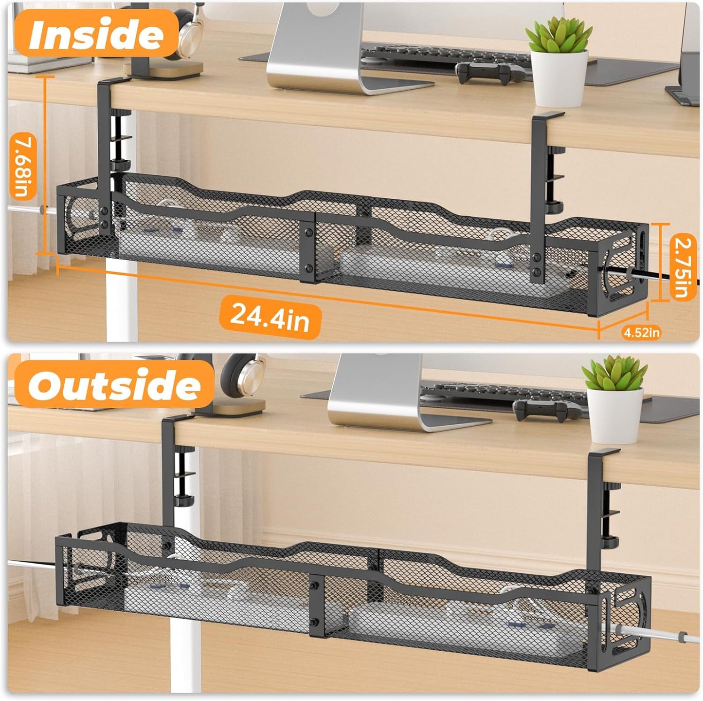 Under Desk Cable Management Tray, 15.7'' No Drill Steel Desk Cable Organizers, Wire Management Tray Cable Management Rack (1 Pack-Black)