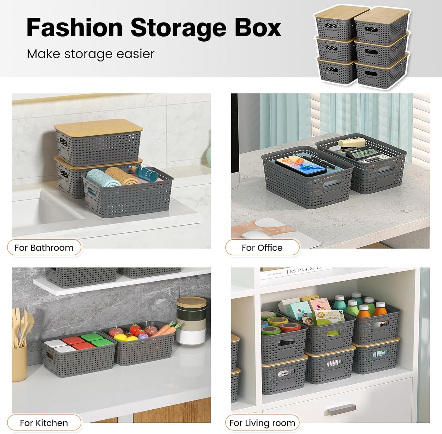 Ohmlove Plastic Storage Baskets With Bamboo Lid - Plastic Storage Containers Stackable Storage bins: Storage Baskets for Organizing Shelves Drawers Desktop Closet Playroom Classroom Office, 6 Pack