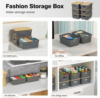 Ohmlove Plastic Storage Baskets With Bamboo Lid - Plastic Storage Containers Stackable Storage bins: Storage Baskets for Organizing Shelves Drawers Desktop Closet Playroom Classroom Office, 6 Pack