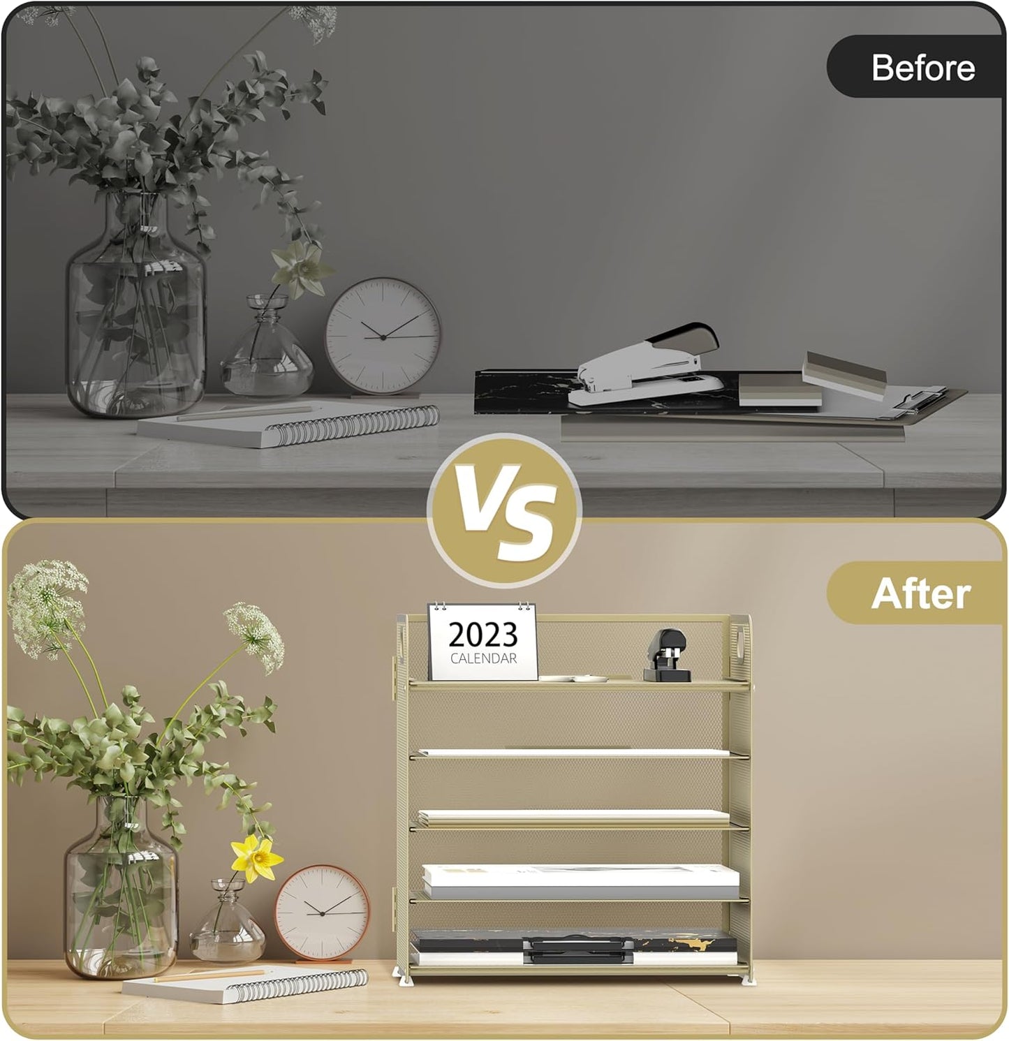 Supeasy 5 Trays Paper Organizer Letter Tray with Handle-Mesh Desk File Holders, Paper Sorter Desk Organizer for Office, Home, Classroom or School, White