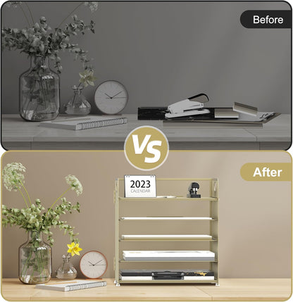 Supeasy 5 Trays Paper Organizer Letter Tray with Handle-Mesh Desk File Holders, Paper Sorter Desk Organizer for Office, Home, Classroom or School, White