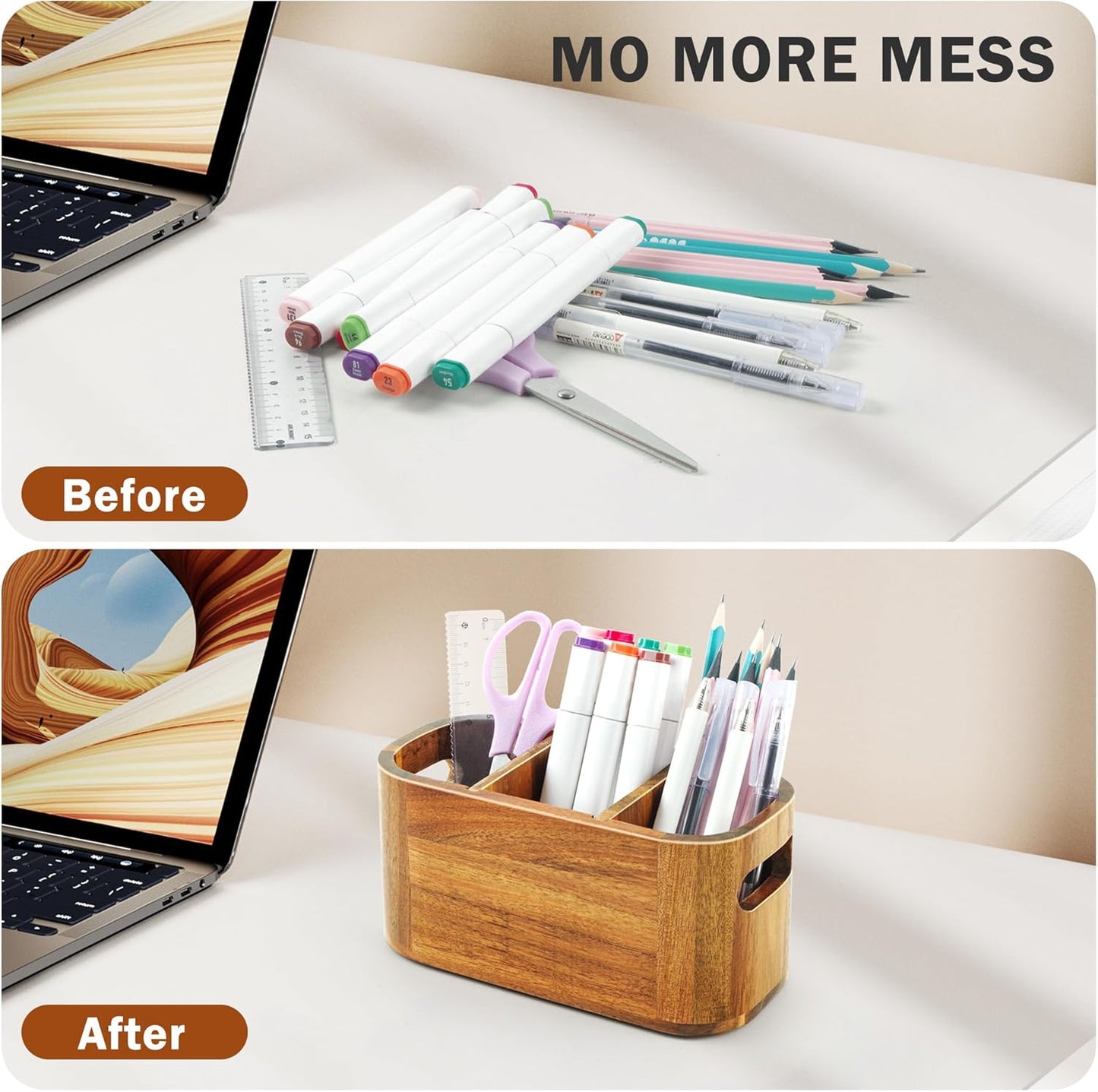 Acacia Wood Pencil Pen Holder for Desk, Wooden Office Organizer with 3 Slots for Countertop, Makeup Brush Holder Remote Control Organizer for School Home Supplies