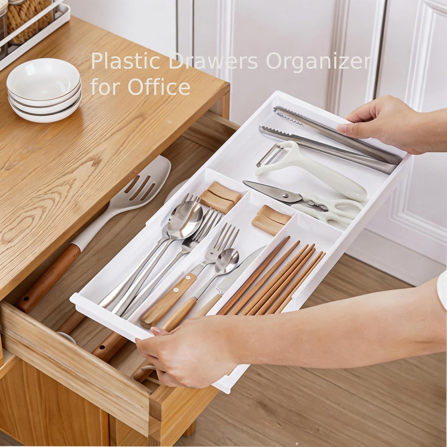 Plastic Drawers Organizer for Office Bathroom Bedroom Kitchen Desk - 1 Layers More White Storage Tray - Expandable 11.4-18.1 Inches (SHALLOW 1")