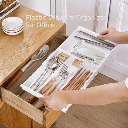 Plastic Drawers Organizer for Office Bathroom Bedroom Kitchen Desk - 1 Layers More White Storage Tray - Expandable 11.4-18.1 Inches (SHALLOW 1")