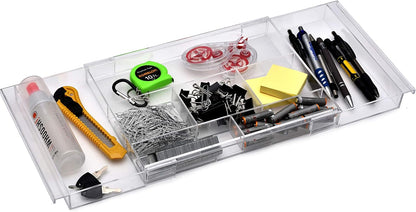 Masirs Expandable Drawer Organizer - Customizable Makeup Vanity Organizing Storage Tray for Bathroom, Bedroom & Desk Drawers - Clear Plastic Cosmetics Organizers with Expanding Compartment (Set of 2)