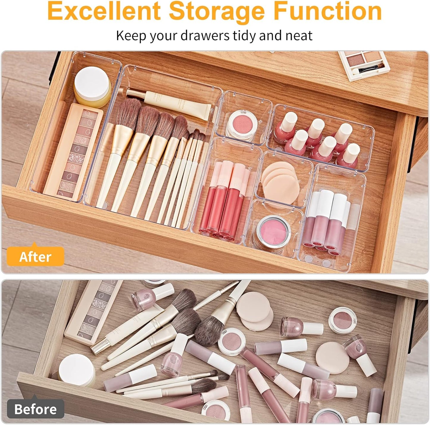 SMARTAKE 13-Piece Drawer Organizers with Non-Slip Silicone Pads, 5-Size Desk Bathroom Drawer Organizer Trays Storage Tray for Makeup, Jewelries, Utensils in Bedroom Dresser, Office and Kitchen, Clear