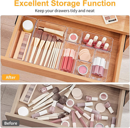 SMARTAKE 13-Piece Drawer Organizers with Non-Slip Silicone Pads, 5-Size Desk Bathroom Drawer Organizer Trays Storage Tray for Makeup, Jewelries, Utensils in Bedroom Dresser, Office and Kitchen, Clear