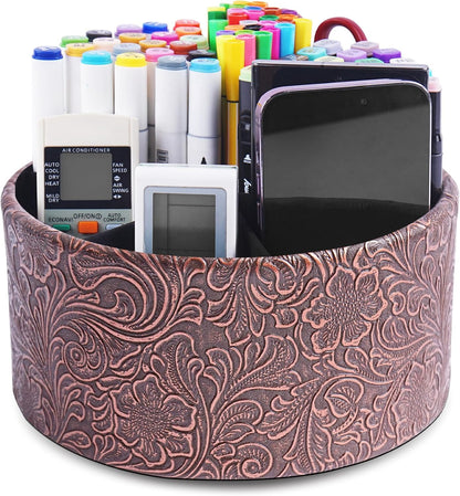 lizimandu Round Leather Art Supply Organizer,Remote Control Holder,360 Degree Spinning,Multi-Functional Pencil Holder,4 Compartments Desktop Stationary Organizer(1-Gold) - Colors B