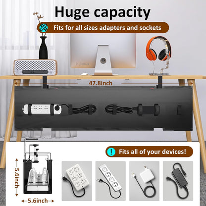 Under Desk Cable Management Tray - Under Desk Cord Management - Clamp/Screw Mount - Fabric Wire Management - Cable Raceways Tray Cord Hiders for Office/Home (Black, 35.8"×5.6")