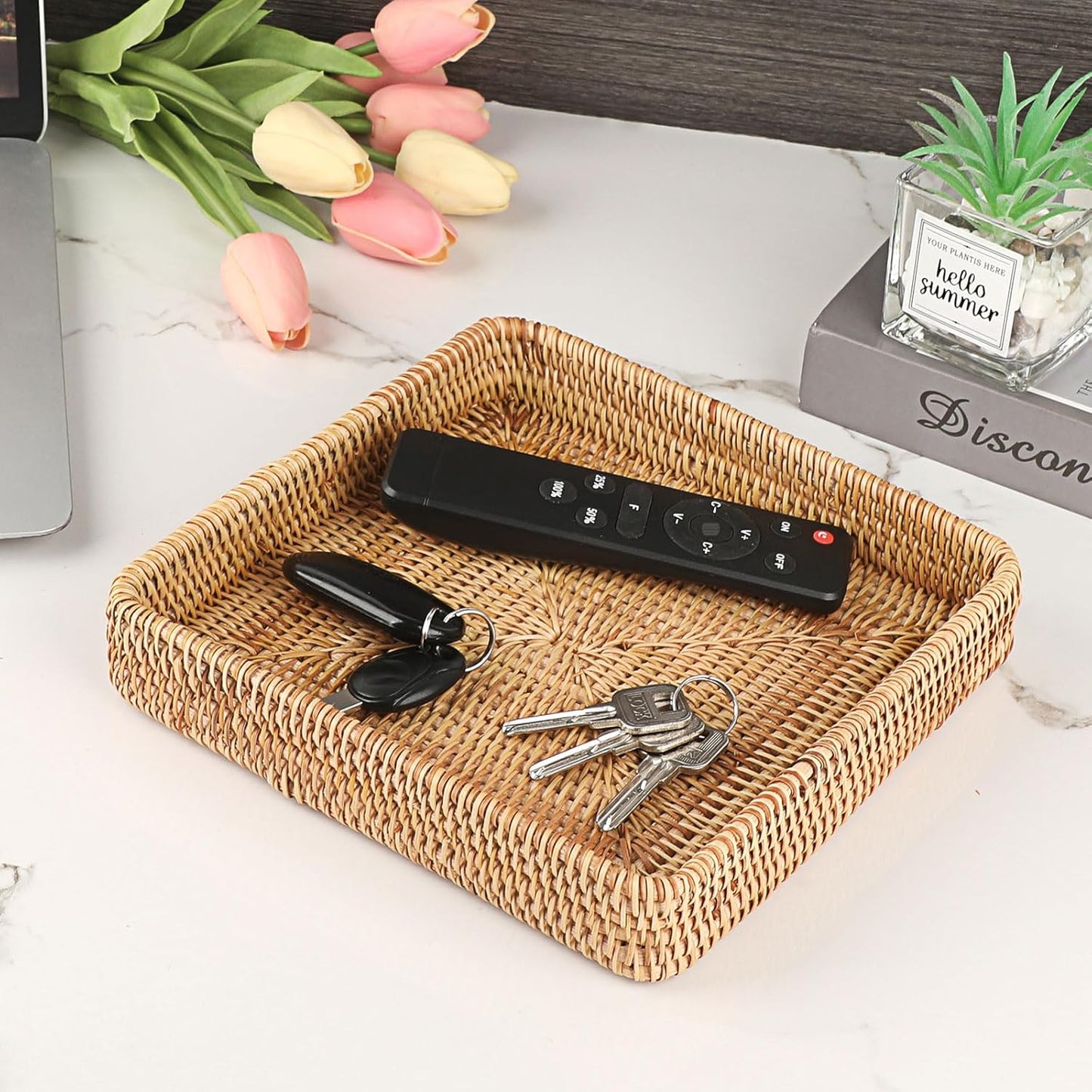 Hipiwe Key Basket Tray for Entryway Table Rattan Serving Tray Handwoven Wicker Baskets Vanity Trays Square Decorative Fruit Trays for Kitchen Counter Bedside Living Room Bathroom, 8.1"