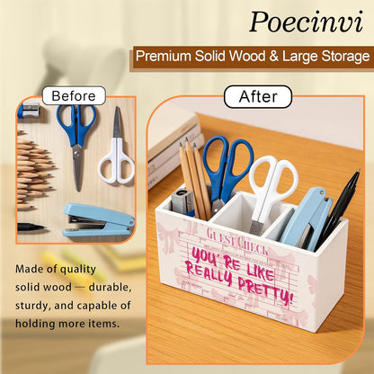 Blue Coquette Bow Pen Holder for Home Office Desk, Girly Office Decor, Preppy Blue Ribbon Bow Aesthetic Wooden Box Sign Pencil Holder for Desk Shelf Organizer