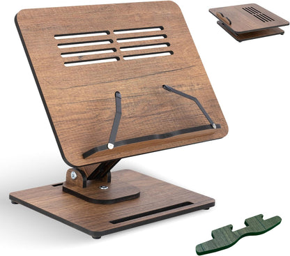 Vigo Wood Book Stand for Reading 360° Adjustable, Wooden Laptop Stand, Cookbooks Holder, Music Scores, Featuring Multi-Height Angles and Foldable Design with Page Clips.