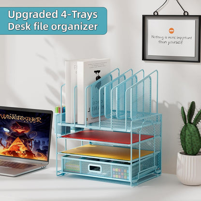 Marbrasse Desk Organizer with Drawer, 4-Tier Mesh File Organizer with 5 Vertical File Holders and 2 Pen Holders, Multifunction Desktop Organizer,Desk Organizers and Accessories for Home Office