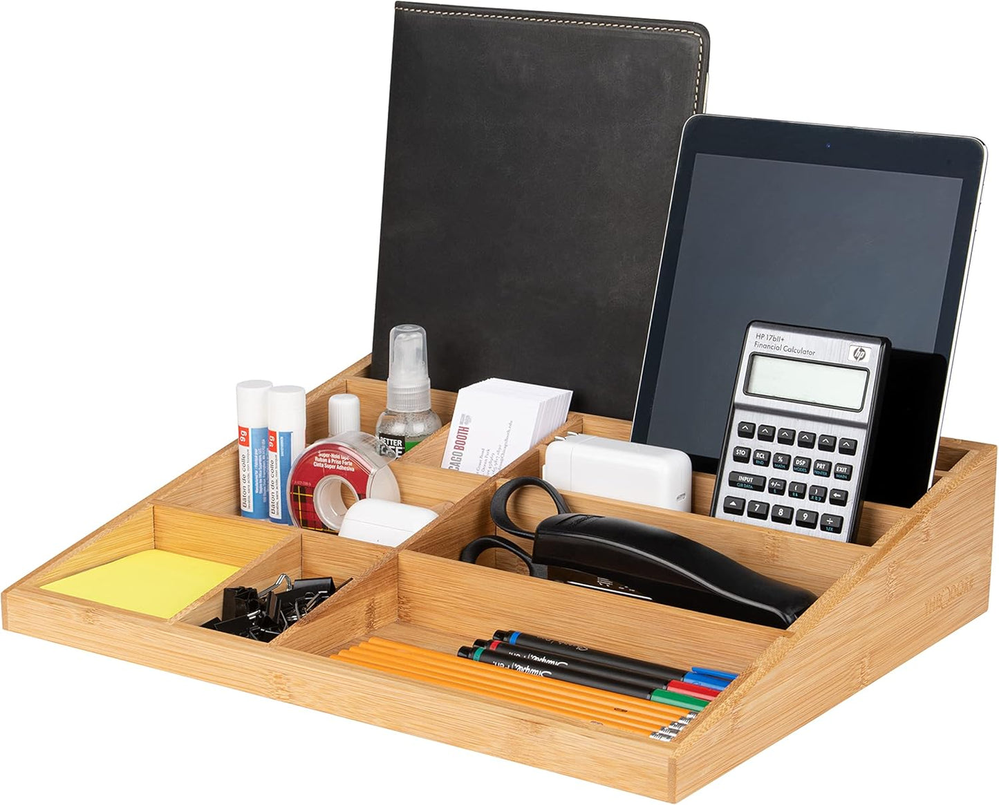 Theodore Bamboo Desktop Organizer – 10‑Compartment Natural Wood Storage Tray for Office, Home, Kitchen & Vanity – No Assembly, Water‑Resistant, Eco‑Friendly