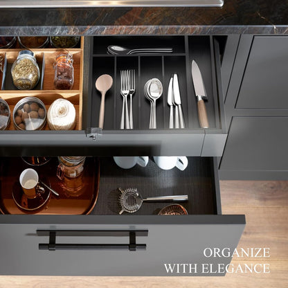 Small Silverware Organizer, Bamboo Kitchen Drawer Organizer, Utensil Holder, Cutlery Tray & Spoon Flatware Storage with Grooved Drawer Dividers (6.7''W x 12''D)
