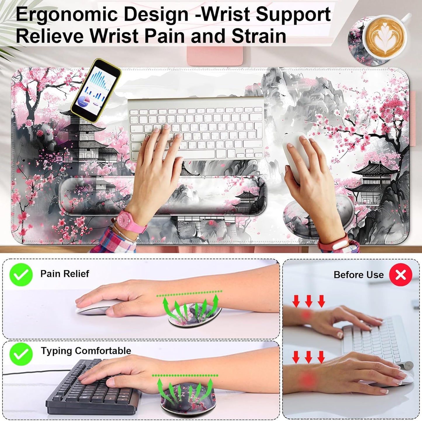 Keyboard Wrist Rest + Mouse Pad with Wrist Support + Desk Mat + Coaster 4 in 1 Set, XXL Large Gaming Mousepad Cute Ergonomic Mouse Pads for Desk Computer Laptop Office Decor-Beach