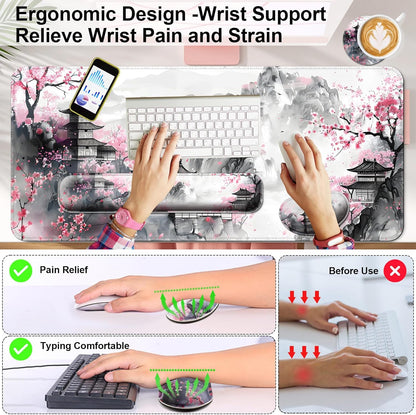 Keyboard Wrist Rest + Mouse Pad with Wrist Support + Desk Mat + Coaster 4 in 1 Set, XXL Large Gaming Mousepad Cute Ergonomic Mouse Pads for Desk Computer Laptop Office Decor-Beach