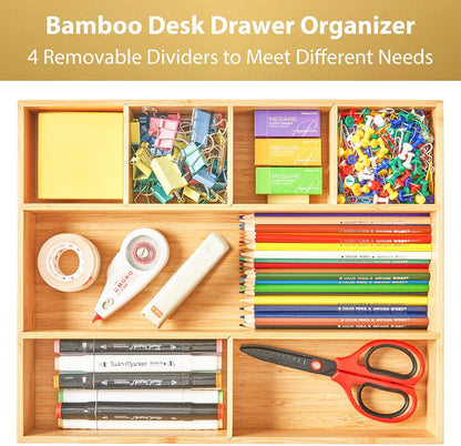 Umilife Bamboo Desk Drawer Organizer, Wood Junk Organizer Tray with Adjustable Dividers, Anti-Skip Storage Organization in Office Bathroom Drawer for Vanity, Makeup, 12" x 9"
