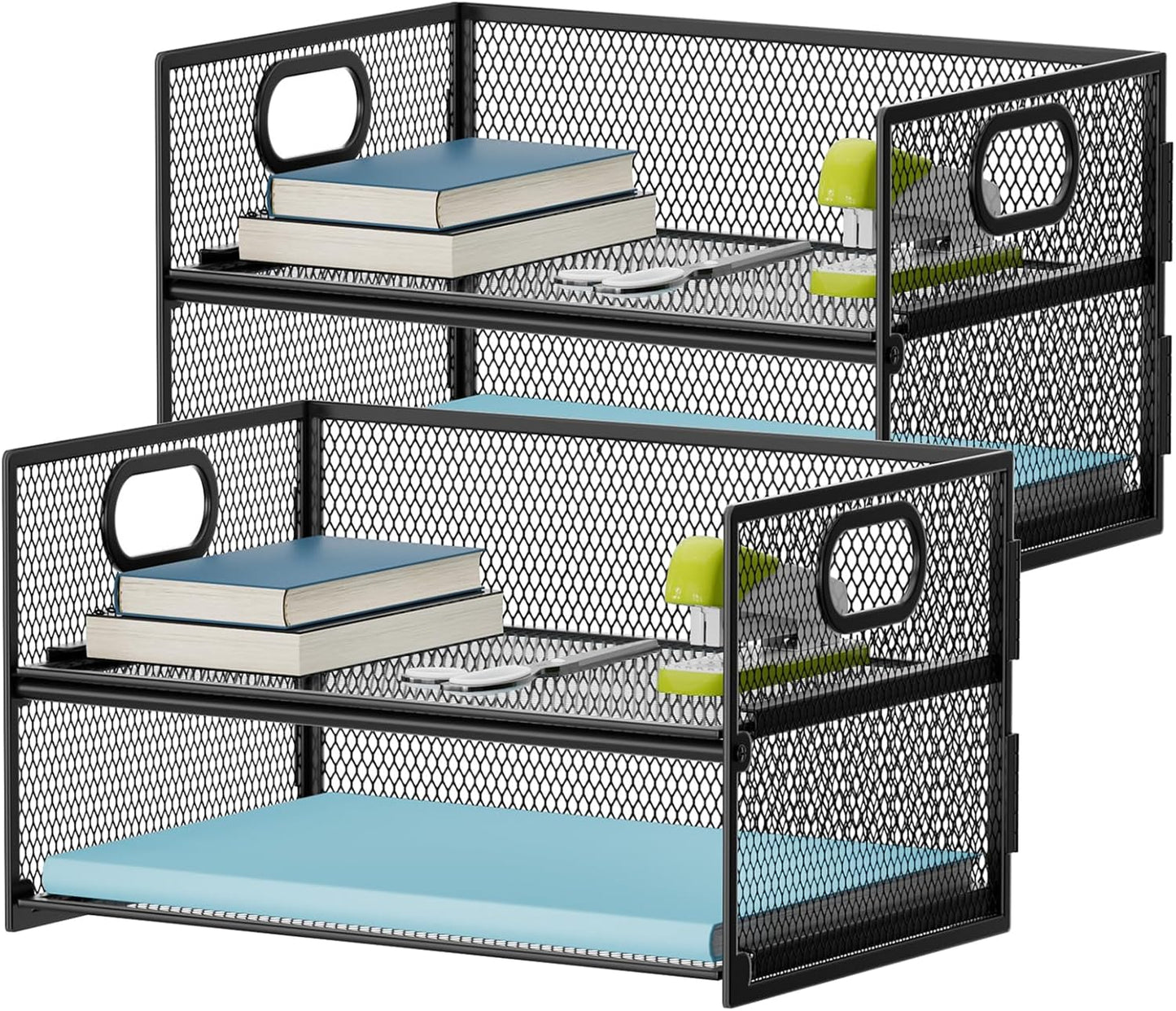 Marbrasse 2 Tier Paper Organizer Letter Tray, Mesh File Organizer with Handle, Paper Sorter Desk Organizer for Home Office Supplies - Black