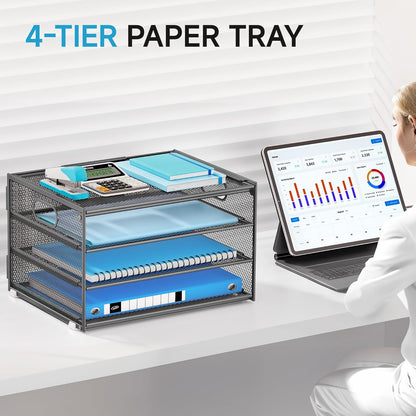 Lavatino 3-Tier Letter Tray Desk Paper Organizer – Black Mesh Metal File Tray Organizer for Desk, Office Supplies & Home Organization | Fits A4/Letter Paper, Mail, Magazines and Office Accessories